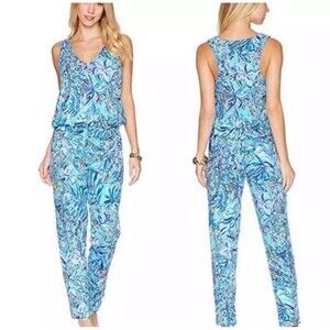 Lilly Pulitzer Women's "Paulina" Blue Floral Jumpsuit Size Large